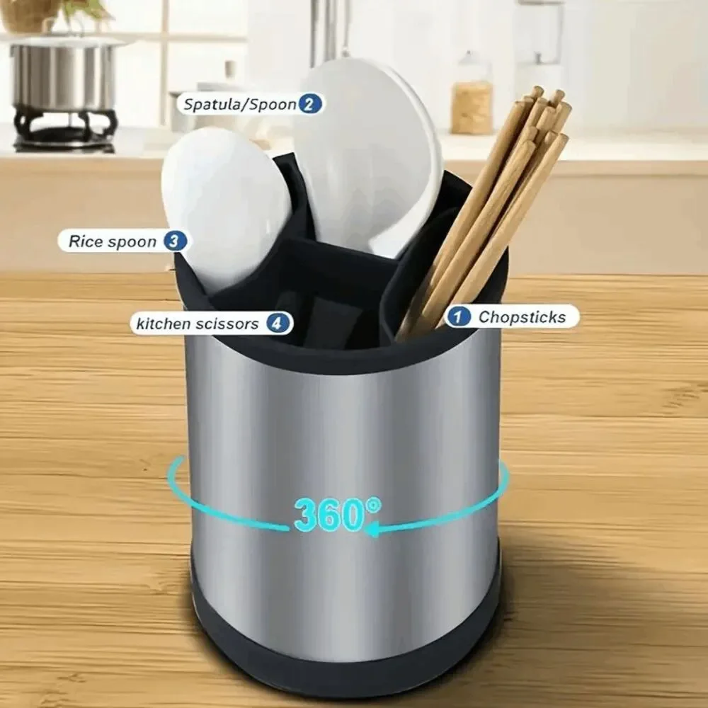 Stainless Steel Kitchen Utensil Holder 360 Rotating